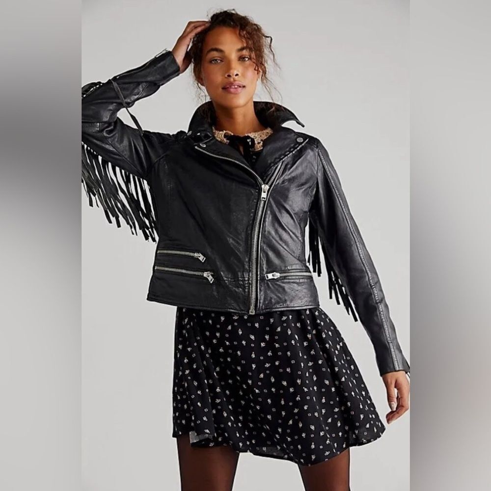 Free People Mauritius Zoe Fringe Leather Jacket Distressed Black EU L New